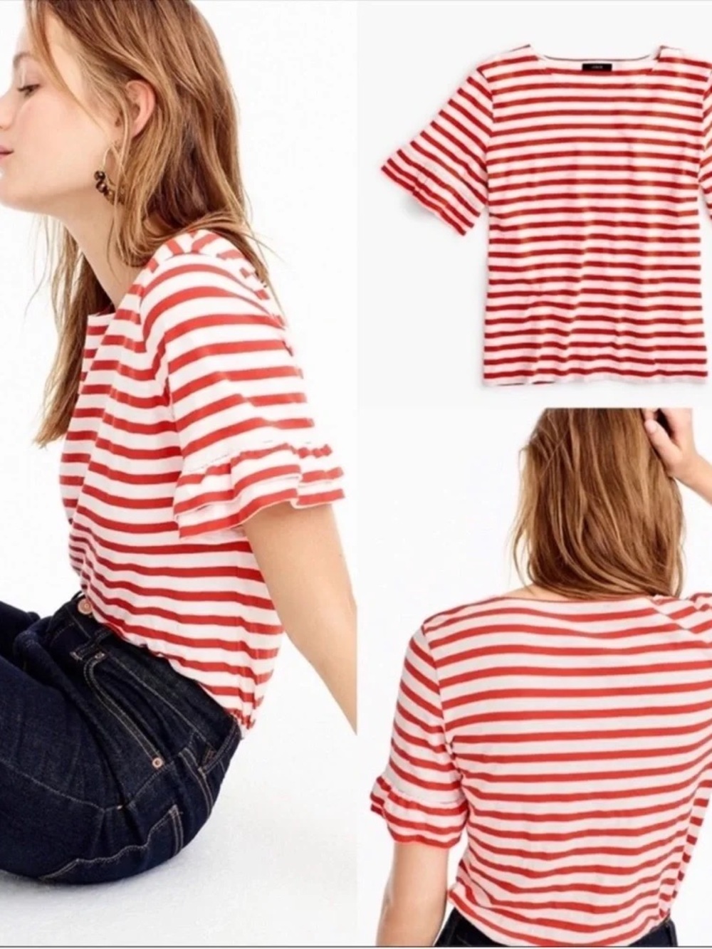 J.Crew Striped Red & White Ruffle Sleeve Knit Top